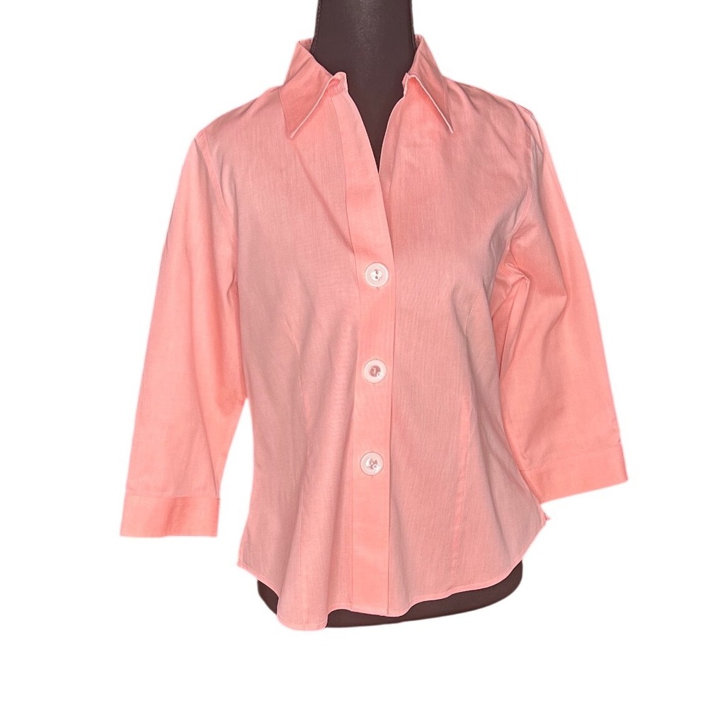 Foxcroft Non Iron Fitted Peach 3/4 Sleeve Button Up Shirt Top Women's 4P